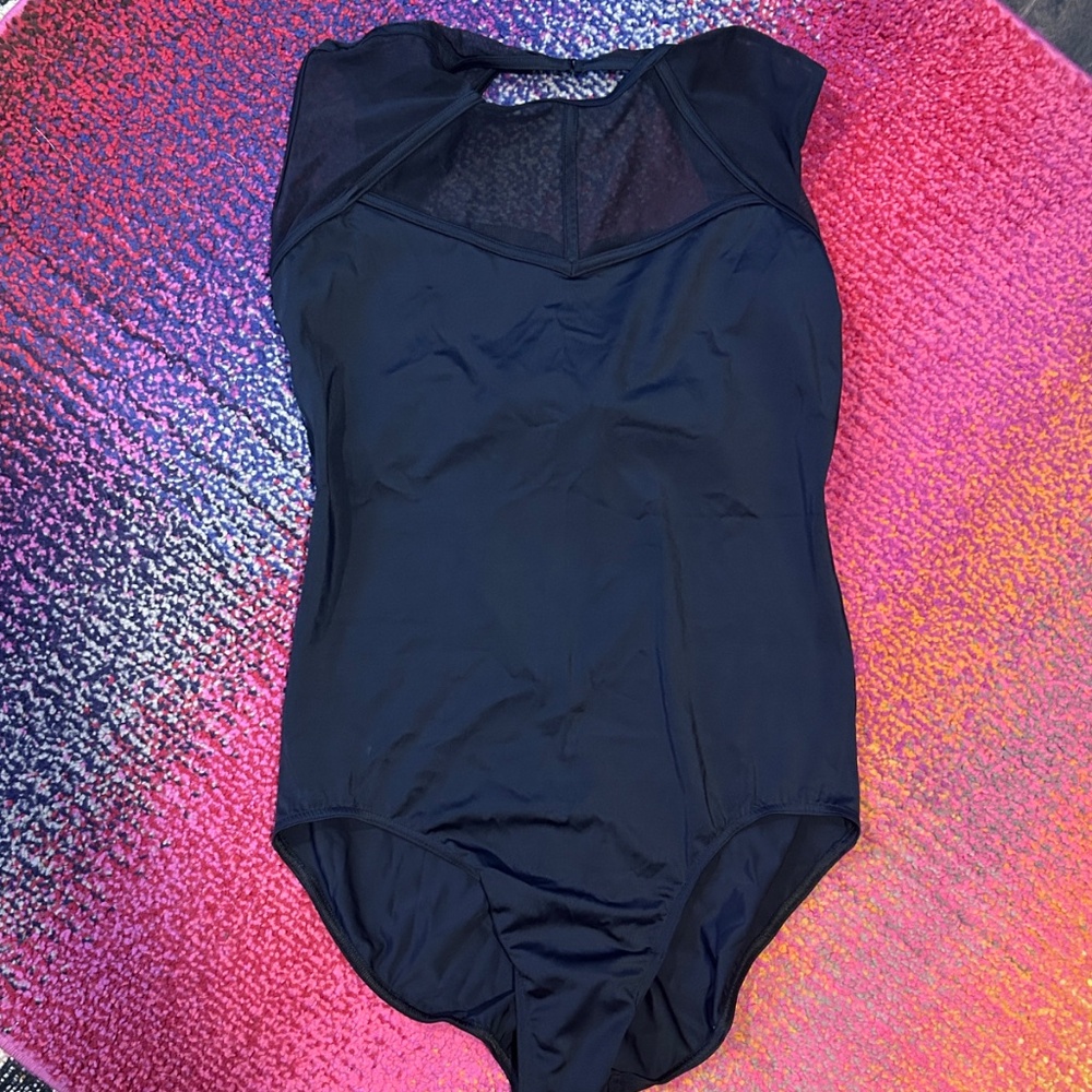 Open Back Black Leotard with Cage Mesh and Cap Sleeves - Picture 3 of 9